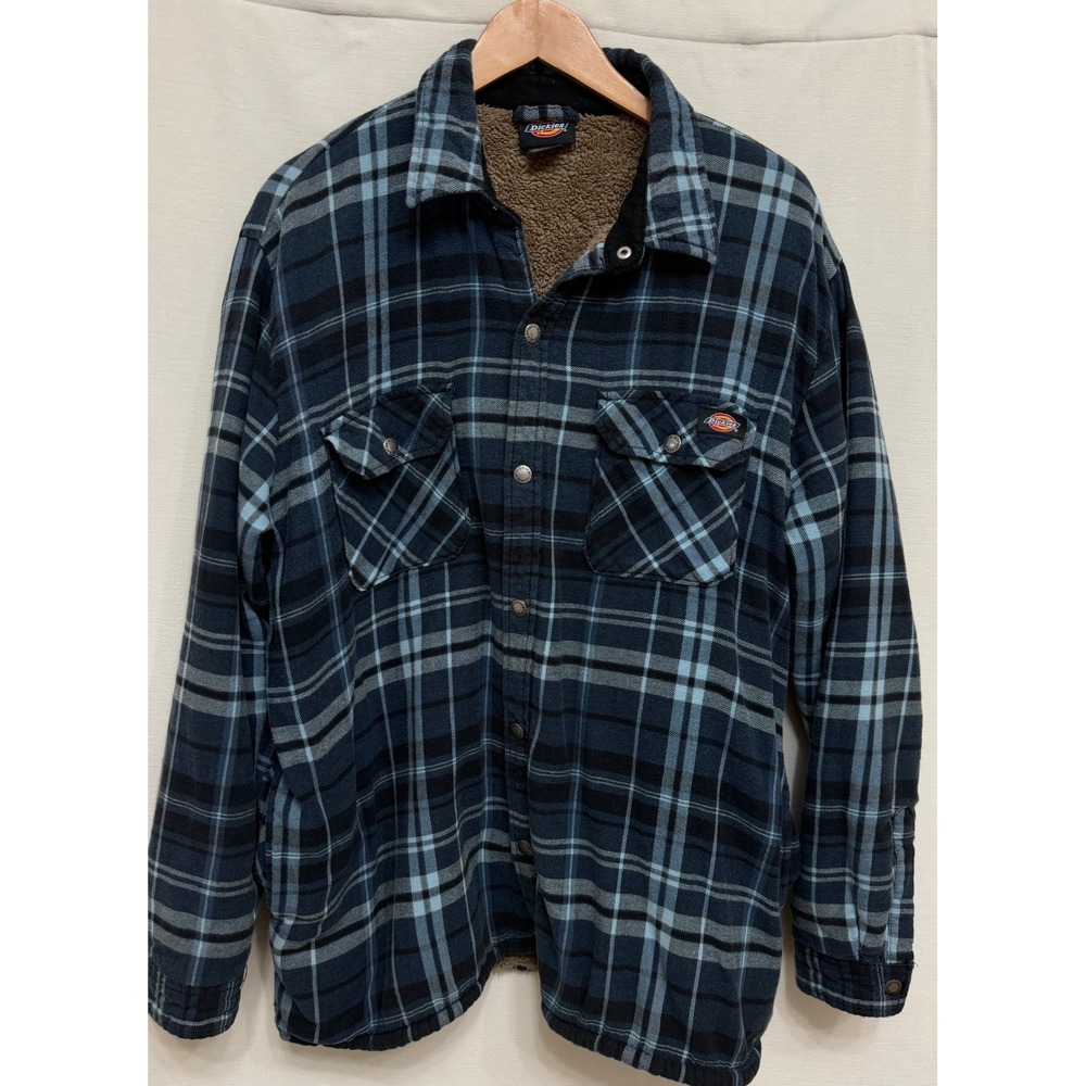 Dickies Sherpa Fleece Lined Blue Plaid Snap-Up Flannel Shirt Jacket Mens XL Fall